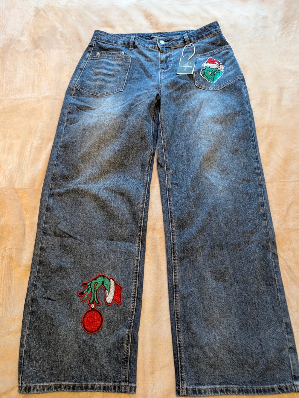 Flamingals Mid-rise Wide-Leg Jeans Holiday Grinch Embroidery NWT Women's 2XL - Picture 4 of 10